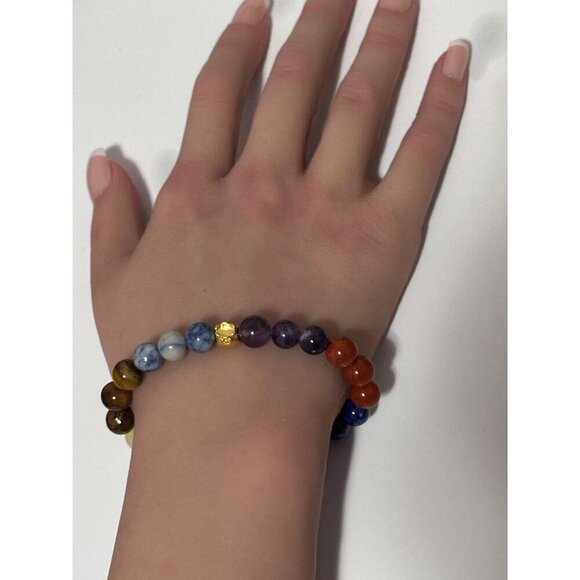 24K Gold Money Bag Lucky Charm Bracelet Gemstones Natural Rainbow Chakra Size 6" - Picture 9 of 9